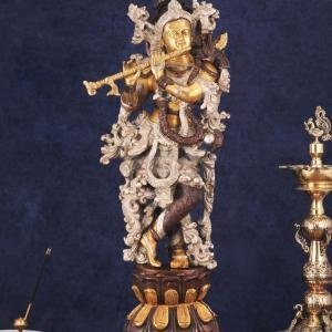 Antique Brass Handcrafted Krishna Statue 30" | Intricate Three-Tone Copper, Silver & Golden Finish | 18 kg Timeless Elegance | Spiritual Presence for Any Setting